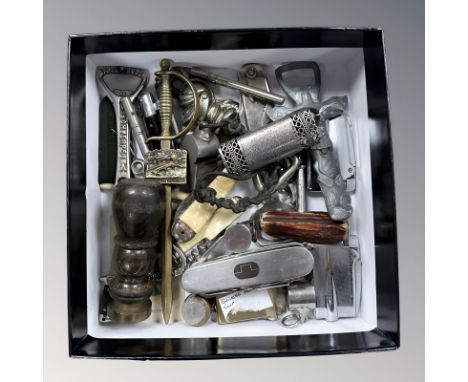 A group of pocket knives, lighters including Ronson, bottle openers, desk seal, etc. 