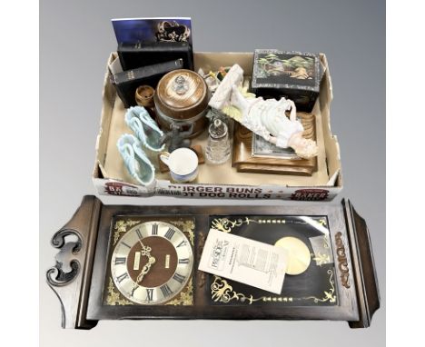 A group of miscellaneous ceramics, figurines, oak biscuit barrel, barometer, glass wares, a President wall clock, etc. (1 box