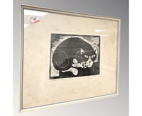 After V* Magnussen : Study of a cat, monochrome woodcut, signed in pencil and numbered 4/25, 34 cm x 26 cm.