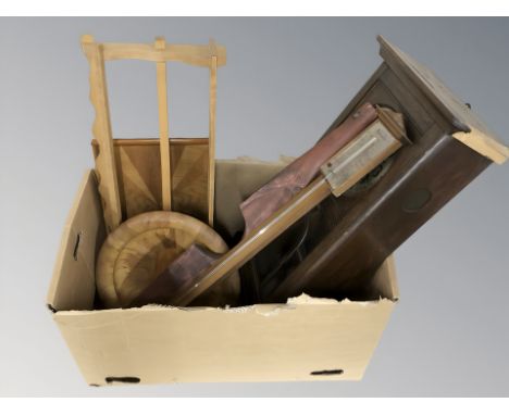 An oak wall clock, stick barometer, wall shelf, tray, bowl etc (one box) 