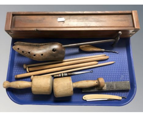 A cobbler's shoe stretcher, two mallets, pieces of treen, cut throat razor, needle box etc 