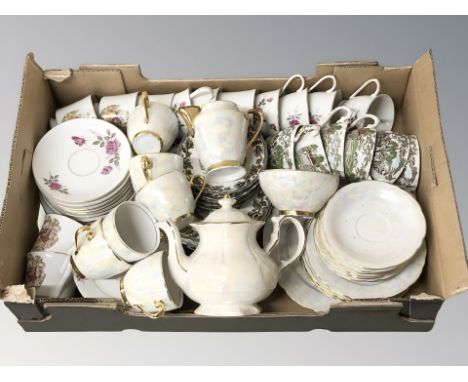 A Czechoslovakian lustre tea set, modern Chinese porcelain tea set and a Myott transfer printed tea set. (1 box)