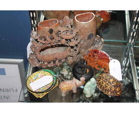 SOAPSTONE BRUSHPOTalong with a jade figure, brush holder etc