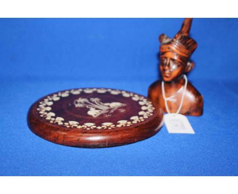 FRENCH PORCELAIN PLATEalong with an Art Deco wall pocket, copper twin handled vase, wooden plaque and figure bust 