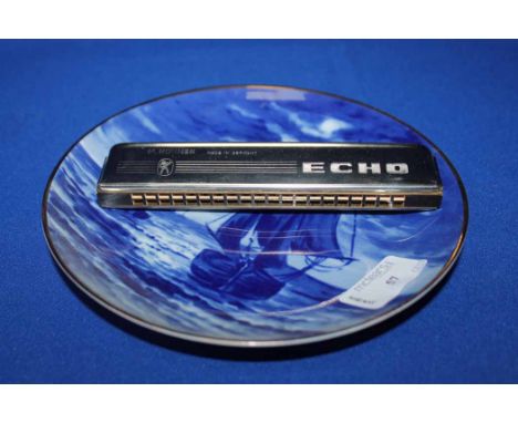 JAPANESE STYLE JEWELLERY BOXalong with a Hohner harmonica and six East German blue and white wall plates 
