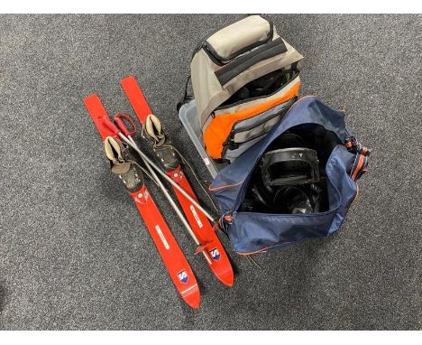 A set of vintage Child's Cober skis, poles and boots, box of two bags of snow boarding bindings 