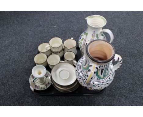 A tray of sixteen piece Denby stoneware coffee service together with a Tranquilline pottery vase and candlestick, one further