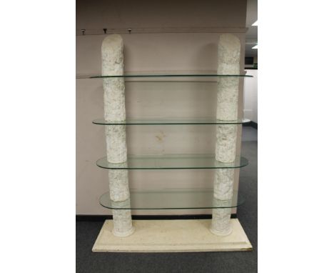 A Barker and Stonehouse Corinthian style four tier glass shelf stand, width 140 cm, height 200 cm 