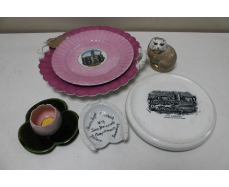Six pieces of antique and later china - lustre tourist plates, Isle of Man teapot stand, Minton paperweight of a cat, Sam Bar