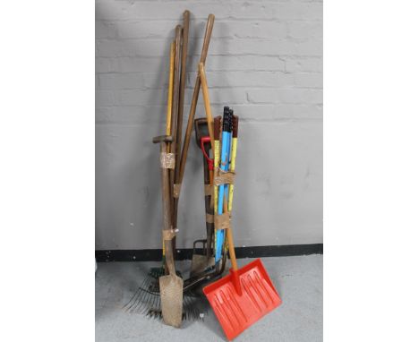 Four bundles of garden tools - rakes, edgers, fork, shovel etc 