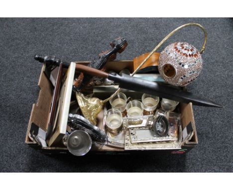 A box of mantel clock, silver plated ladle and serving spoon with Northumberland fusilier emblem to terminal, cased silver pl