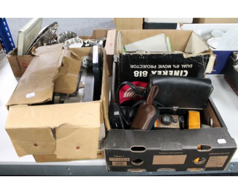 Two boxes of projectors, assorted cameras, cine camera, screen etc 