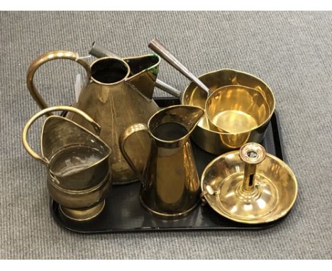 A collection antique brass pans, brass jug, rise and fall candlestick etc