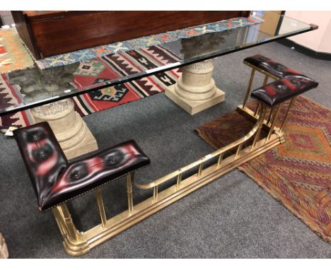 A good quality brass club fender with studded oxblood seating, width 173 cm x 50 cm 