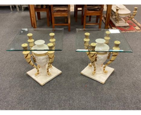 A pair of Barker and Stonehouse Grecian style lamp tables, with glass tops, 60 cm diameter each 