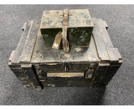 A painted military ammunition crate together with a metal box