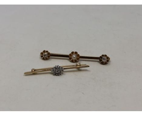 A gold split pearl and diamond bar brooch and a 9ct gold diamond set bar brooch (2)