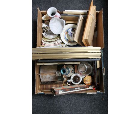 Two boxes of oriental lacquered tile panel, gilt framed oils, wall plates, vases etc 