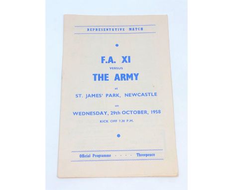 A scarce St. James' Park programme, F.A. XI versus The Army, Wednesday 29th October 1958
