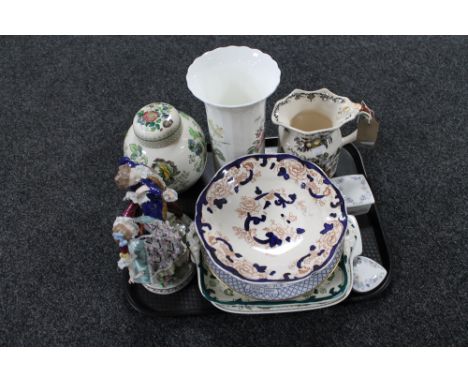 A tray of Masons ginger jar, comport and jug, Wedgwood trinket dishes, Royal Doulton Camilla vase, assorted plates etc 