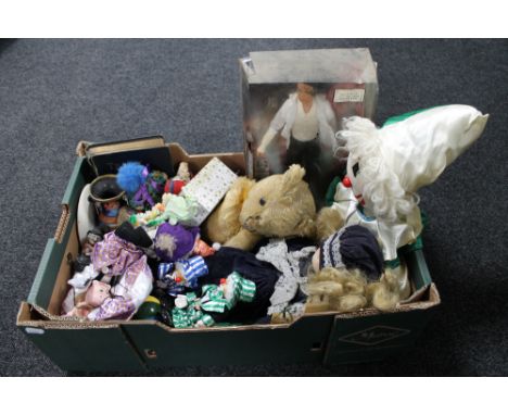 A box of mohair teddy bear, dolls, Michael Jackson doll etc 
