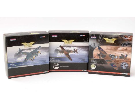 Three limited edition Corgi Aviation Archive 1:72 scale diecast model planes, including: Boulton Paul Defiant, No. AA39303, S