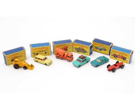 Matchbox Series diecast vehicles, comprising: 33 Ford Zephyr III; 56 Fiat 1500. 73 Ferrari Racing Car; 24 Hydraulic Excavator