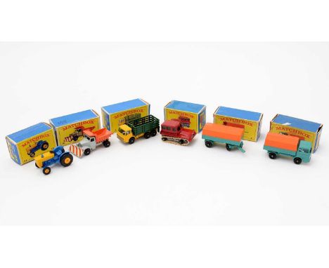 Matchbox Series diecast vehicles, comprising: 1 and 2 Mercedes Truck and Trailer; 39 Ford Tractor; 16 Scammell "Mountaineer" 