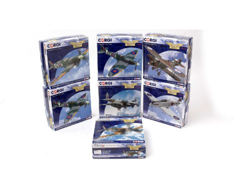 Seven Corgi limited edition Aviation Archive 1:72 scale diecast model planes, including: Super Marine Spitfire Mk. VE, No. AA