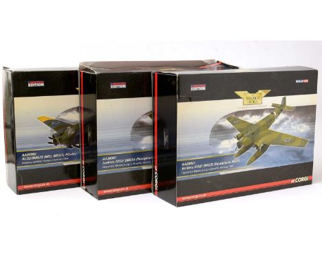 Three limited edition Corgi Aviation Archive 1:72 scale diecast model planes, including: JU.52/3NG7E, No. AA36902; Junkers JU