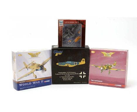 A group of four boxed die-cast scale-model model airplanes, comprising Corgi Aviation Archive The Luftwaffe No. AA32510, Corg