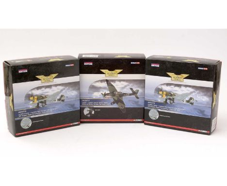 Three limited edition Corgi Aviation Archive 1:72 scale diecast model planes, including: JU 87R-2 Stuka, No. AA32516; and JU 