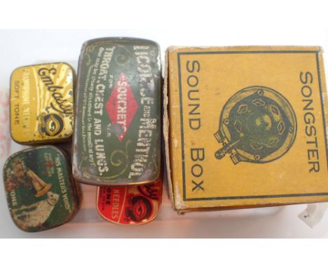 Collection of vintage gramophone needles in tins and an original boxed Songster sound box 