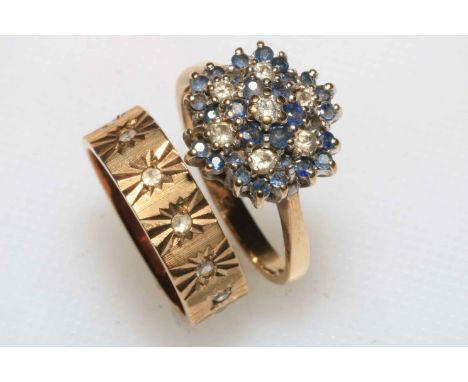 Sapphire and diamond petal design cluster ring set in 9 carat yellow gold, size O and 9 carat gold wedding band, size L.