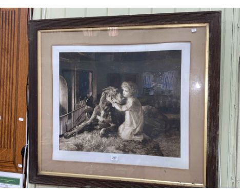 Herbert Dicksee, Child and Dog by a Fireplace, signed print published by Frost &amp; Reed, in glazed oak frame, 83cm by 92cm 