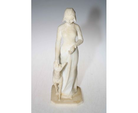 Art Nouveau marble sculpture of a maiden in medieval dress with dog, c1900, 38cm high.