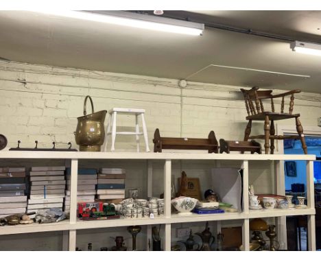 Smokers bow, two book troughs, painted stool, brass coal bucket, four hook coat rack and lacquered standard lamp (7).