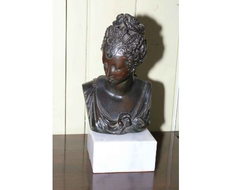 19th Century bronze female bust on modern stand, 37cm high.