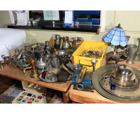 Collection of silver plated wares including Tiffany style lamp, pewter plates, cocktail shakers, cutlery, tureens, etc.
