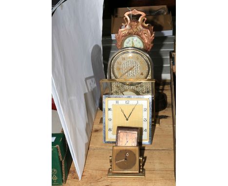 Art Nouveau style gilt mantel clock, clear face Jaz De Luxe mantel clock, Art Deco battery powered balance wheel clock, etc.