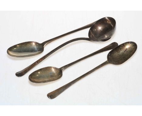19th Century silver rat tail ladle and three spoons Newcastle 1874.