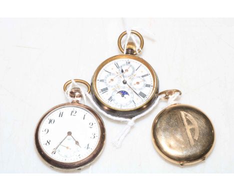 Elgin gold plated pocket watch, gun metal moon phase pocket watch and another.