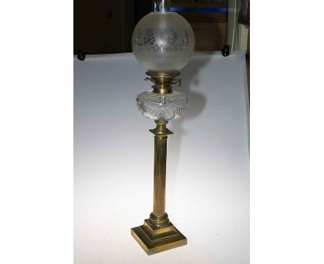 Victorian brass columned oil lamp with etched glass shade, 90cm high.