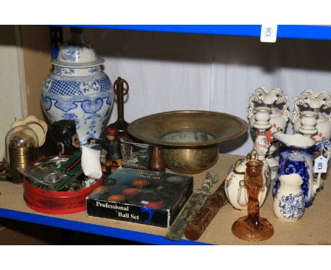 Tin of coins, novelty money box, trench art, cased barometer, decorative porcelain, watches, map, prints etc.