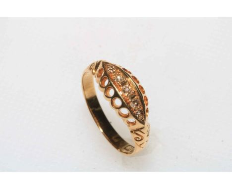 18 carat yellow gold five stone diamond ring, size L.