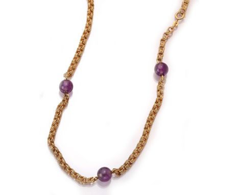 18 kt Gold Amethyst-Kette,   GG 750/000, 9 Amethystkugeln, D. ca. 10.3 mm, Ankerkette L. ca. 88 cm, ca. 44.6 g, Federringschl