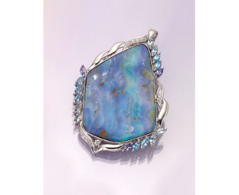 18 kt Gold Opal-Brillant-Farbstein-Anhänger,   WG 750/000, zentraler Boulder-Opal ca. 87.5ct, umgeben von 16 Brillanten zus. 