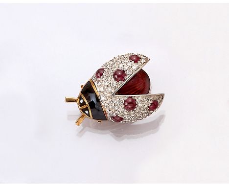 18 kt Gold Brillant-Rubin-Doppelclipbrosche 'Marienkäfer',   GG/WG 750/000, Flügel aufgespannt aus WG mit 6 Rubincabochons zu