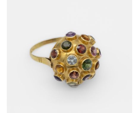 18 kt Gold Farbstein-Ring,   GG 750/000, halbrunder Ringkopf mit rundfacett. Citrin, Peridot, Amethyst, Turmalin und Granat z