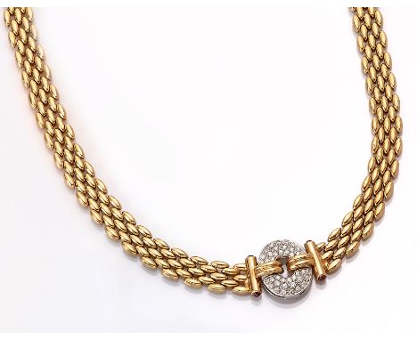 18 kt Gold Brillant-Rubin-Collier,   GG/WG 750/000, Backsteinoptik, Mittelteil aus WG mit40 Brillanten zus. ca. 0.80 ct Weiß/